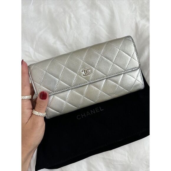 CHANEL Handbags - CHANEL Silver Lamb Leather Flap Wallet W/dust Bag